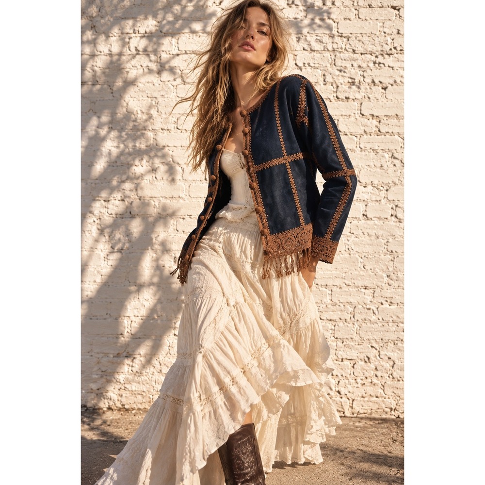 Vintage Lew Magram Navy Blue Suede Crochet Trim Fringe Jacket Boho Western 12